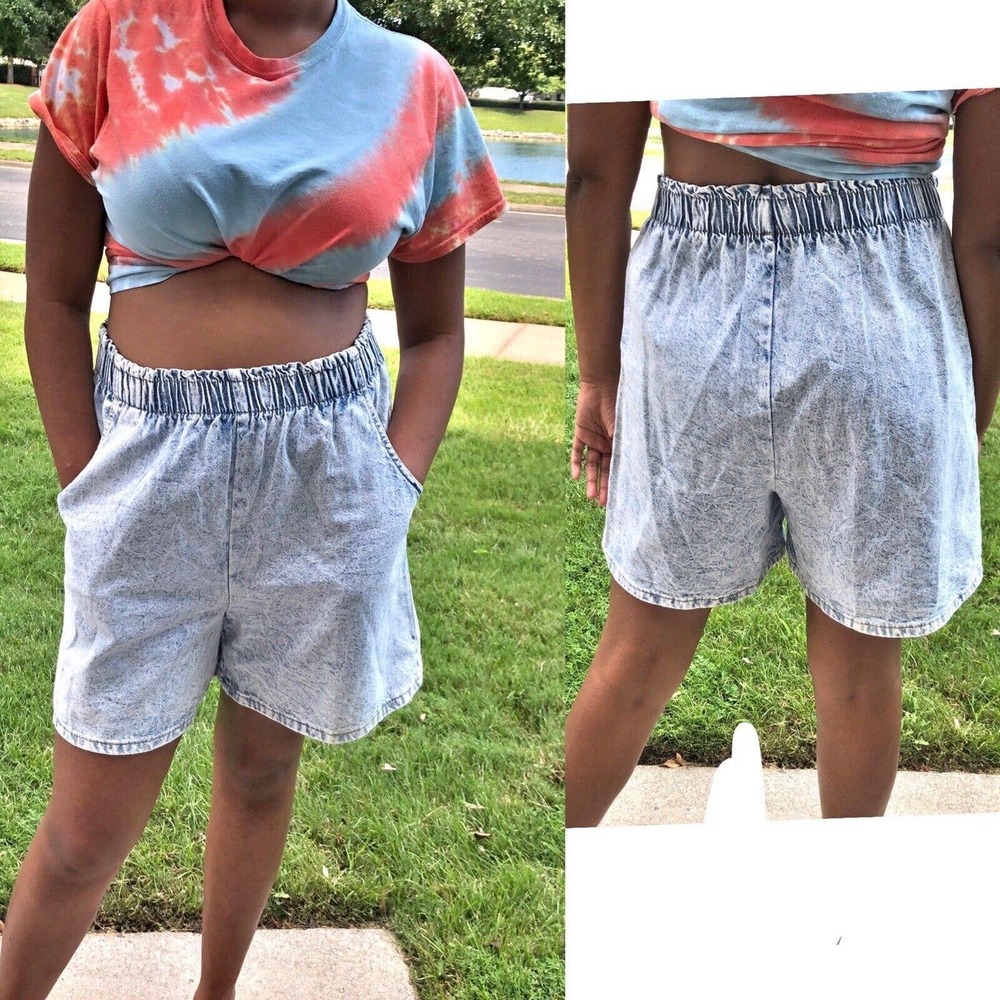 Vintage 80s Acid Wash High Waist Denim Pull on Shorts Faded Glory Made in USA 16